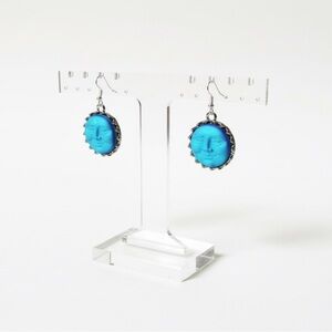 Iridescent Blue Moon Face Earrings Hand Crafted Sterling Silver Wires